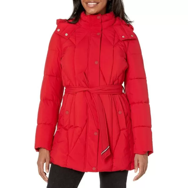 TOMMY HILFIGER Womens Solid Long Puffer Hooded Self Tie Belt JacketCrimson