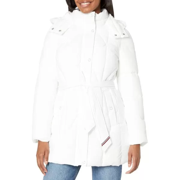 TOMMY HILFIGER Womens Solid Long Puffer Hooded Self Tie Belt JacketWhite