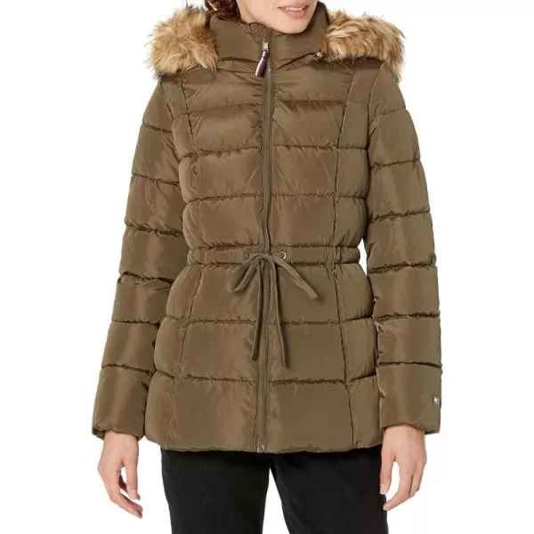 TOMMY HILFIGER Womens Tie Waist Fur Hood Zip Up Puffer JacketJuniper