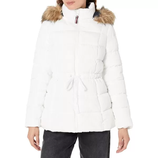 TOMMY HILFIGER Womens Tie Waist Fur Hood Zip Up Puffer JacketWhite