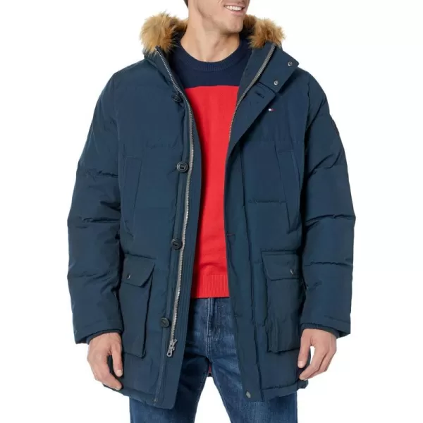 Tommy Hilfiger Mens Arctic Cloth Heavyweight Performance Parka Down Alternative Fur Lined Hood Outerwear CoatNavy