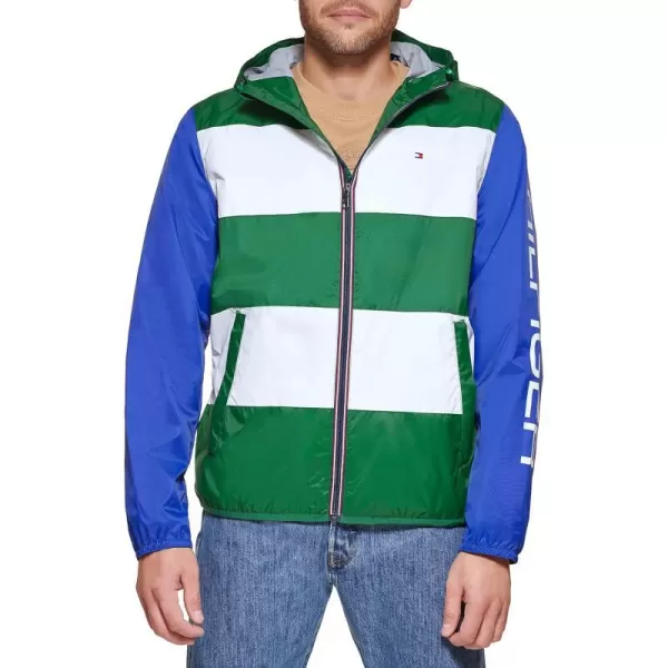 Tommy Hilfiger Mens Color Block Logo Rain SlickerGreenWhiteBlue