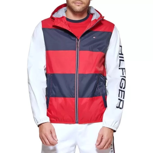 Tommy Hilfiger Mens Color Block Logo Rain SlickerRedIceNavy