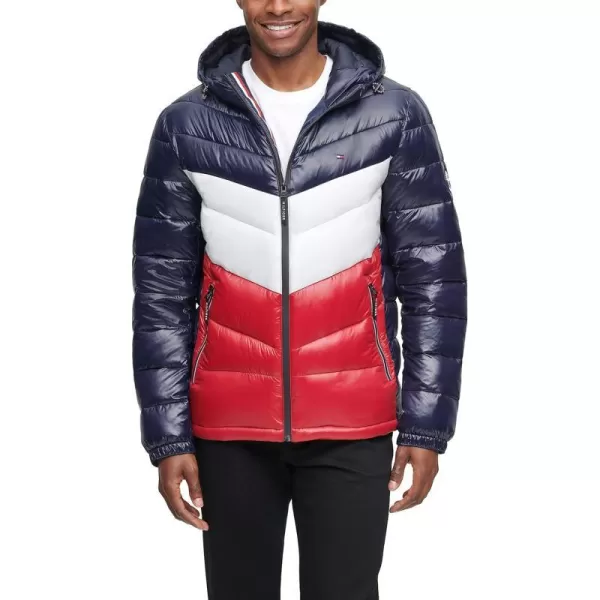 Tommy Hilfiger Mens Heavyweight Chevron Quilted Performance Hooded Puffer JacketMidnightIceRed Shine