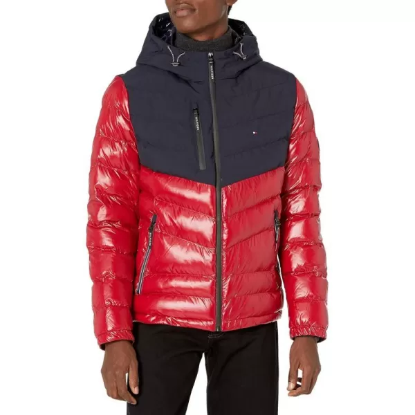 Tommy Hilfiger Mens Heavyweight Chevron Quilted Performance Hooded Puffer JacketNavyRed