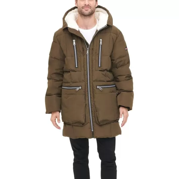 Tommy Hilfiger Mens Heavyweight Quilted Sherpa Hooded ParkaArmy Green