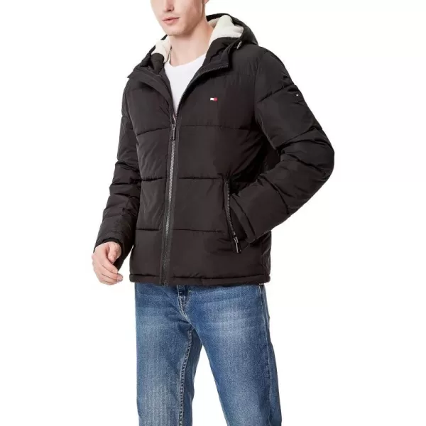 Tommy Hilfiger Mens Hooded Puffer JacketBlack Poly Tech