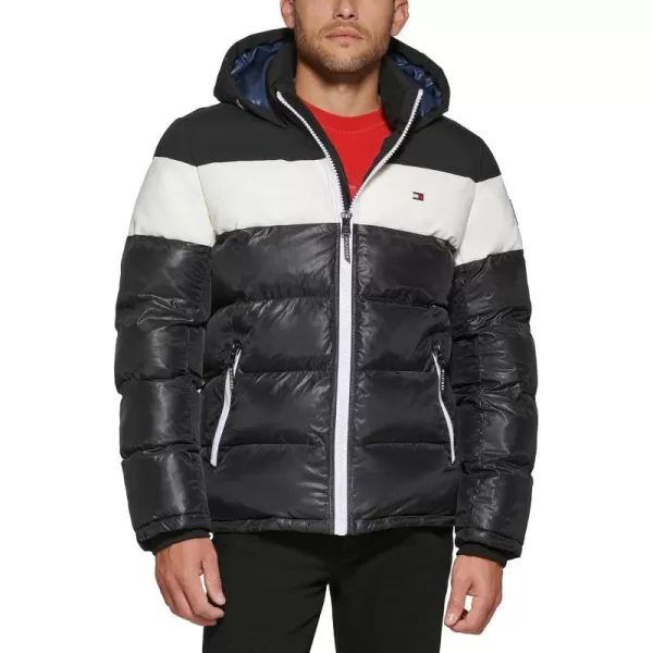 Tommy Hilfiger Mens Hooded Puffer JacketBlackWhite Mixed Media Stripe