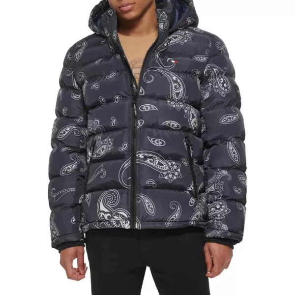 Tommy Hilfiger Mens Hooded Puffer JacketBlackWhite Paisley