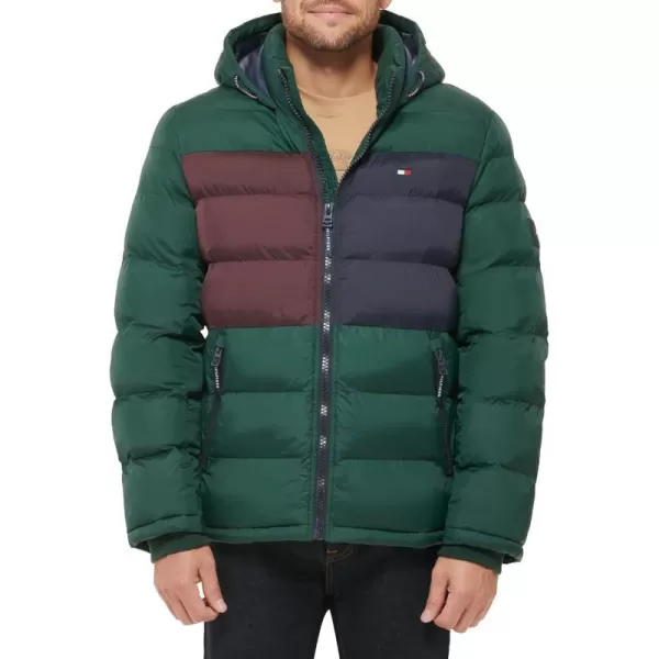 Tommy Hilfiger Mens Hooded Puffer JacketPine Colorblock