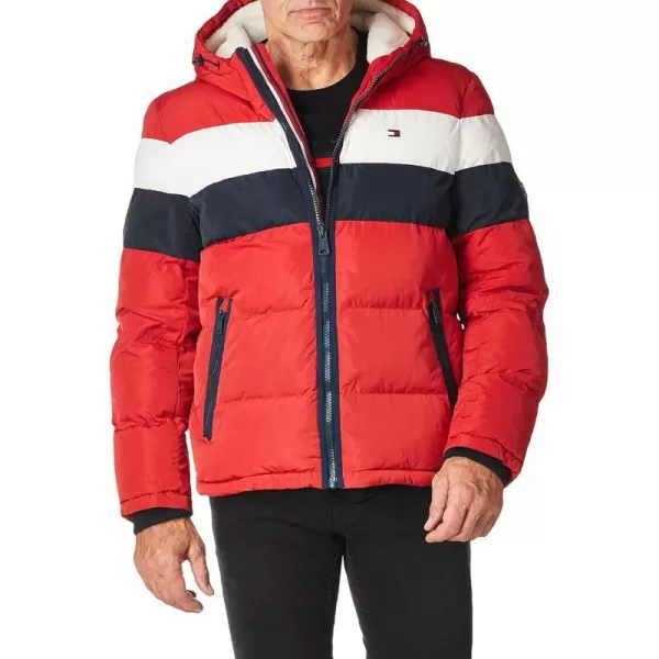 Tommy Hilfiger Mens Hooded Puffer JacketRedIceNavy Poly Tech