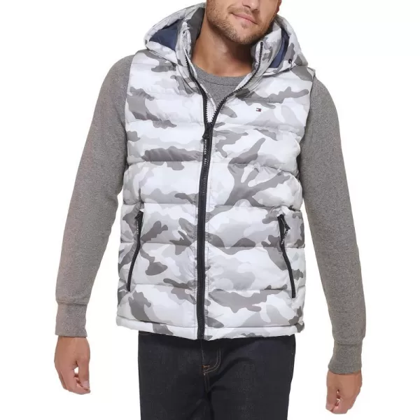 Tommy Hilfiger Mens Hooded Puffer VestWhite Camouflage