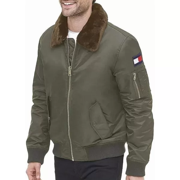 Tommy Hilfiger Mens Laydown Officer Jacket With Attached Pile CollarStandard Olive W Flag Patch