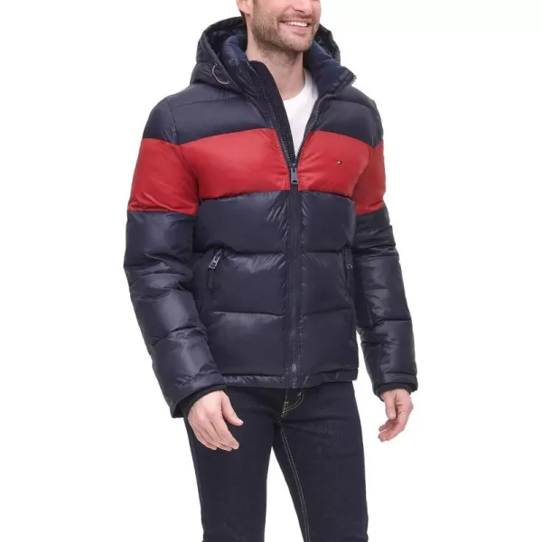 Tommy Hilfiger Mens Legacy Hooded Puffer JacketNavyRed Colorblock