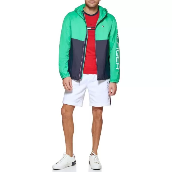 Tommy Hilfiger Mens Lightweight Active Water Resistant Hooded Rain JacketAqua GreenNavy Color Block