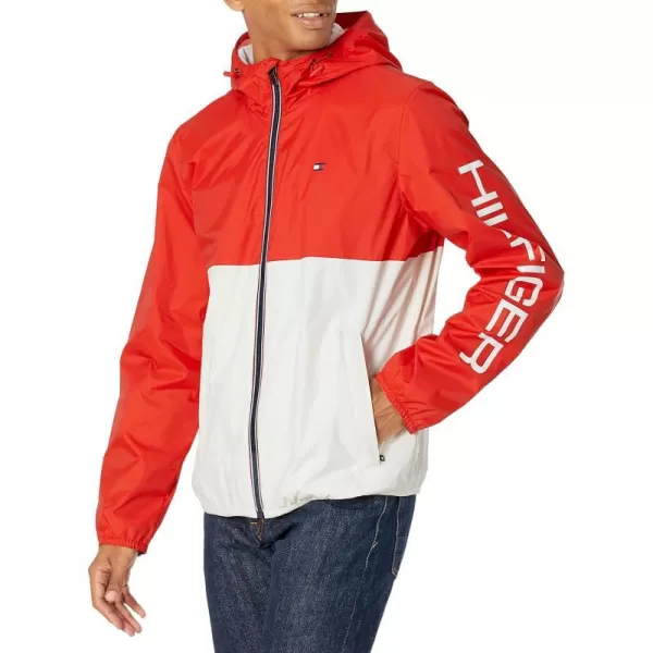 Tommy Hilfiger Mens Lightweight Active Water Resistant Hooded Rain JacketBlood OrangeWhite Colorblock