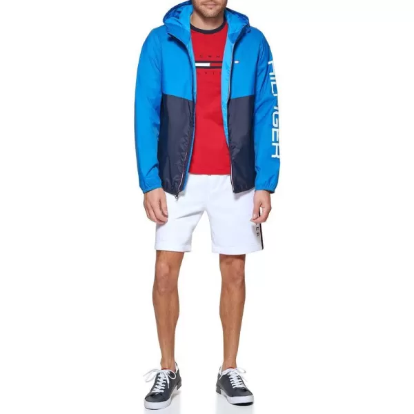 Tommy Hilfiger Mens Lightweight Active Water Resistant Hooded Rain JacketBlueTeal Color Block