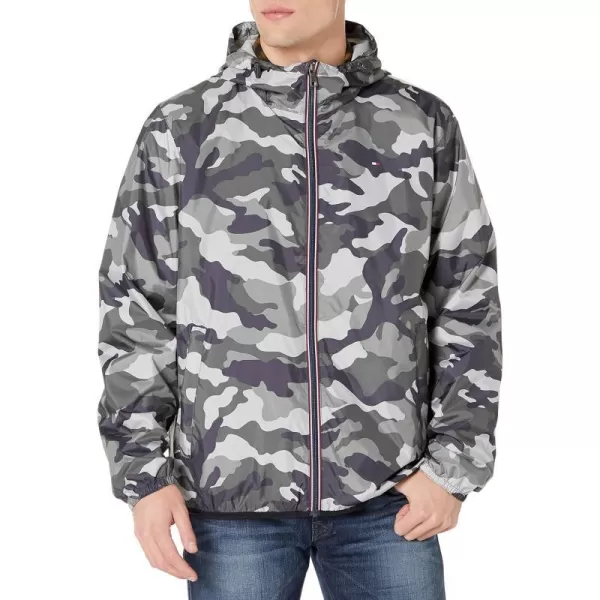 Tommy Hilfiger Mens Lightweight Active Water Resistant Hooded Rain JacketGrey Camouflage