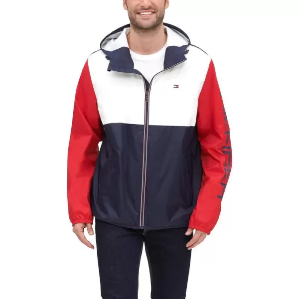 Tommy Hilfiger Mens Lightweight Active Water Resistant Hooded Rain JacketMidnightIceRed Colorblock