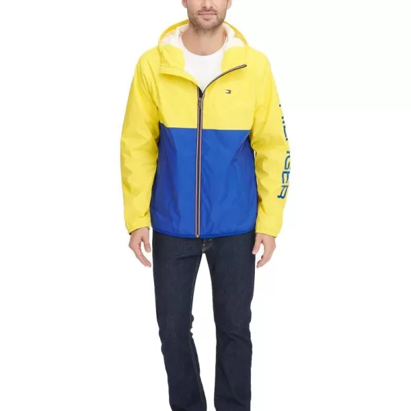 Tommy Hilfiger Mens Lightweight Active Water Resistant Hooded Rain JacketNeon YellowBlue Colorblock