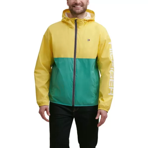 Tommy Hilfiger Mens Lightweight Active Water Resistant Hooded Rain JacketPastel YellowGreen Colorblock