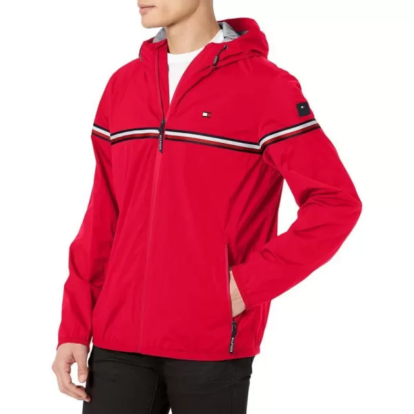 Tommy Hilfiger Mens Lightweight Active Water Resistant Hooded Rain JacketRed Tricolor Stripe