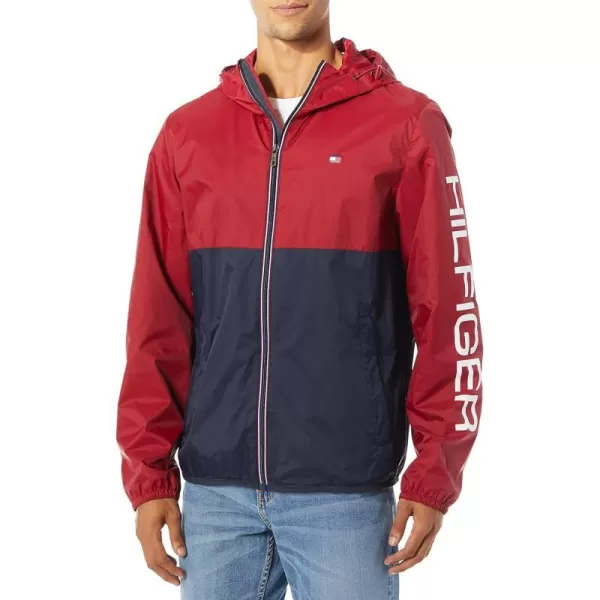 Tommy Hilfiger Mens Lightweight Active Water Resistant Hooded Rain JacketRedNavy Colorblock