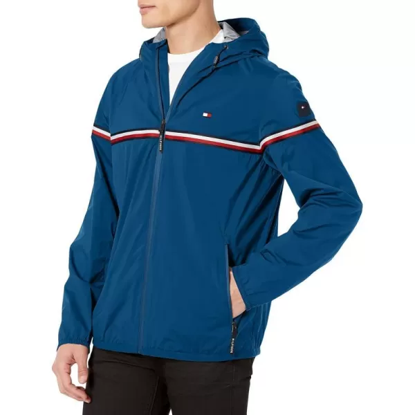 Tommy Hilfiger Mens Lightweight Active Water Resistant Hooded Rain JacketRoyal Blue Tricolor Stripe