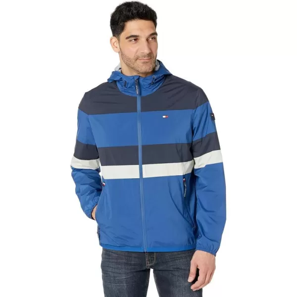 Tommy Hilfiger Mens Lightweight Active Water Resistant Hooded Rain JacketRoyal BlueIceNavy Multi