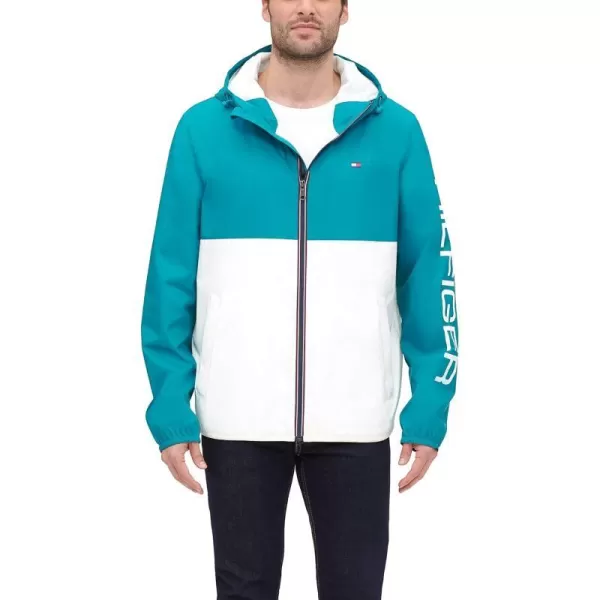 Tommy Hilfiger Mens Lightweight Active Water Resistant Hooded Rain JacketTealIce Colorblock