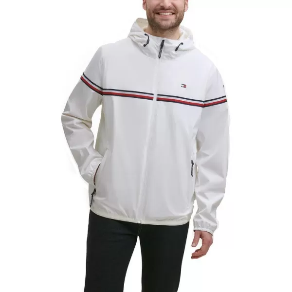 Tommy Hilfiger Mens Lightweight Active Water Resistant Hooded Rain JacketWhite Tricolor Stripe