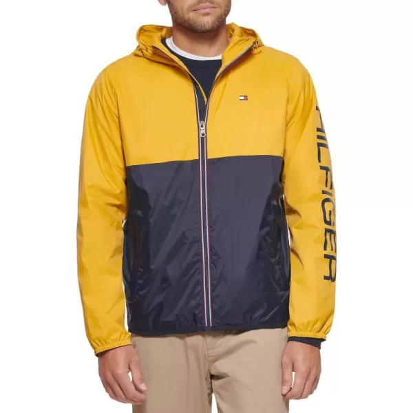 Tommy Hilfiger Mens Lightweight Active Water Resistant Hooded Rain JacketYellowNavy Colorblock