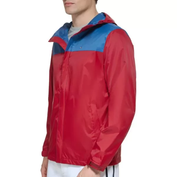 Tommy Hilfiger Mens Lightweight Breathable Waterproof Hooded JacketBlue CoastRouge Color Block