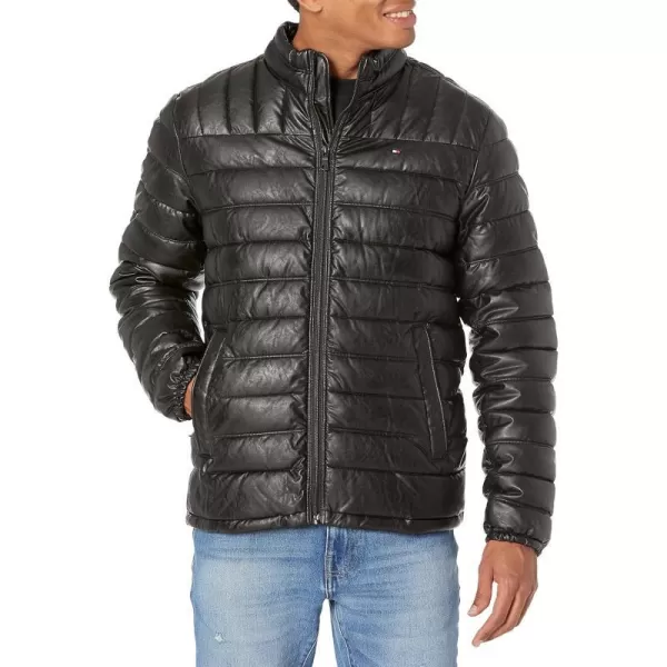 Tommy Hilfiger Mens Lightweight Quilted Faux Leather Puffer JacketBlack Faux Leather