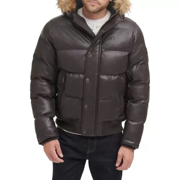 Tommy Hilfiger Mens Lightweight Quilted Faux Leather Puffer JacketSaddle Faux Leather