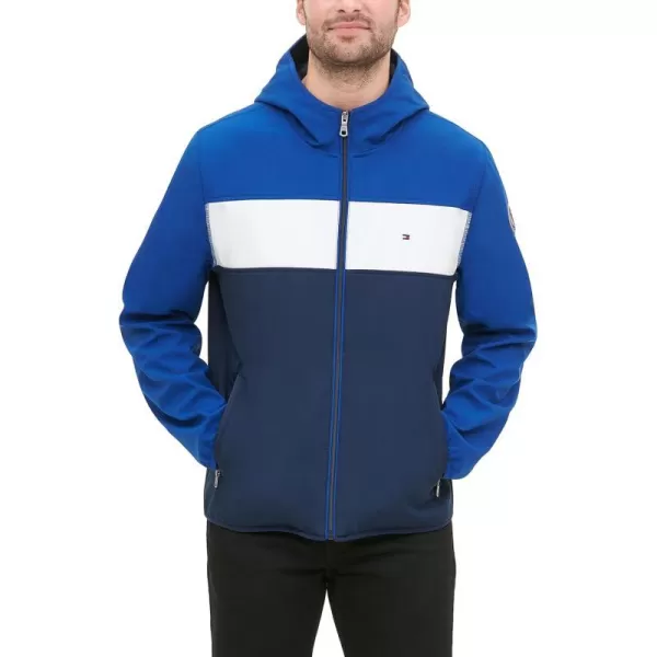 Tommy Hilfiger Mens Lightweight Water Resistant Breathable Hooded Performance Softshell JacketBlueWhite Color Block