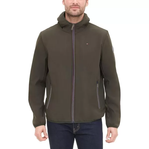 Tommy Hilfiger Mens Lightweight Water Resistant Breathable Hooded Performance Softshell JacketOlive