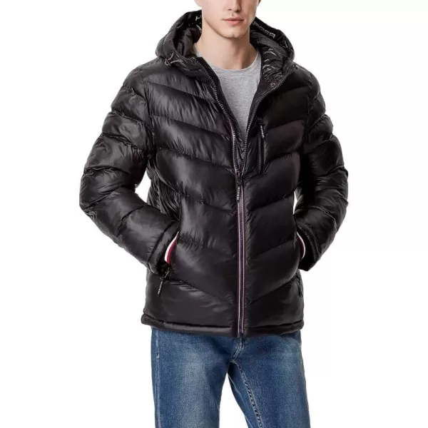 Tommy Hilfiger Mens Midweight Chevron Quilted Performance Hooded Puffer JacketBlack