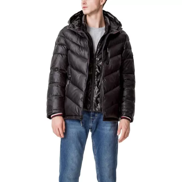 Tommy Hilfiger Mens Midweight Chevron Quilted Performance Hooded Puffer JacketBlack W Bib