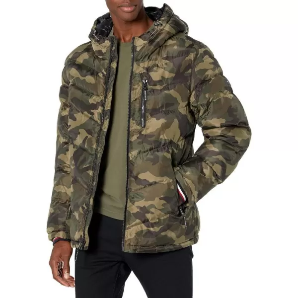 Tommy Hilfiger Mens Midweight Chevron Quilted Performance Hooded Puffer JacketCamouflage