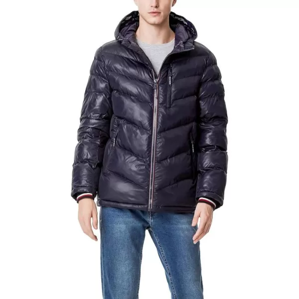 Tommy Hilfiger Mens Midweight Chevron Quilted Performance Hooded Puffer JacketMidnight