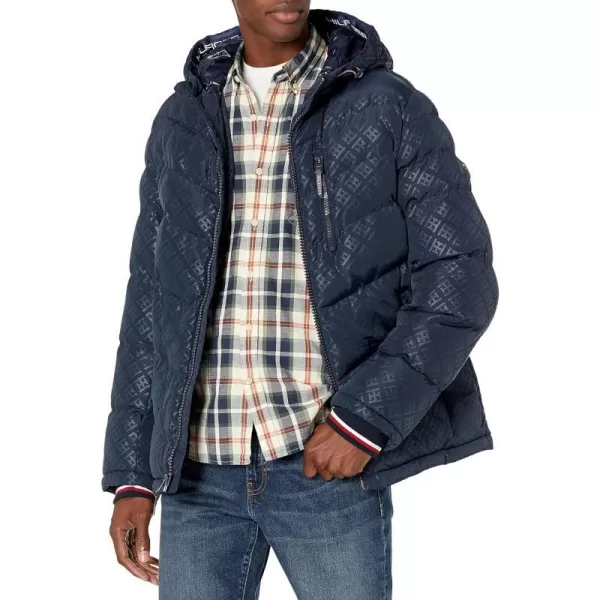 Tommy Hilfiger Mens Midweight Chevron Quilted Performance Hooded Puffer JacketTommy Logo Print