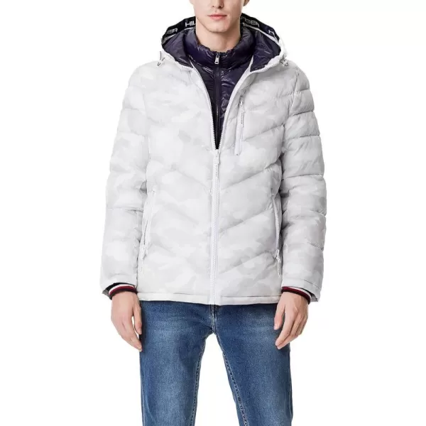 Tommy Hilfiger Mens Midweight Chevron Quilted Performance Hooded Puffer JacketTonal White Camo W Bib