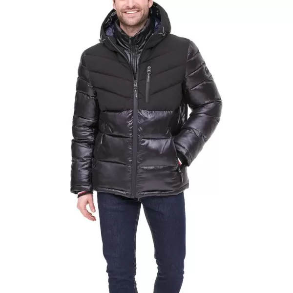 Tommy Hilfiger Mens Midweight Chevron Quilted Performance Hooded Puffer JacketTwo Tone Black W Bib