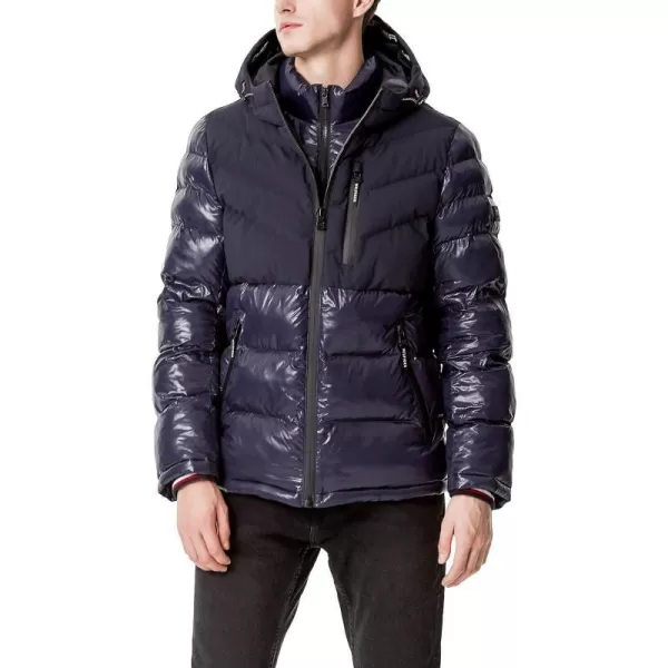 Tommy Hilfiger Mens Midweight Chevron Quilted Performance Hooded Puffer JacketTwo Tone Midnight W Bib