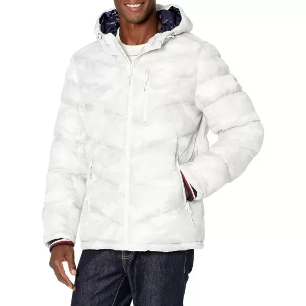 Tommy Hilfiger Mens Midweight Chevron Quilted Performance Hooded Puffer JacketWhite Camouflage