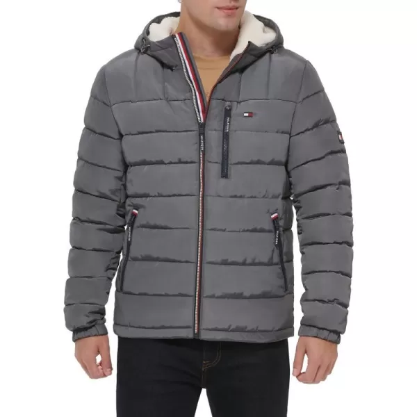 Tommy Hilfiger Mens Midweight Sherpa Lined Hooded Water Resistant Puffer JacketCharcoal Tech