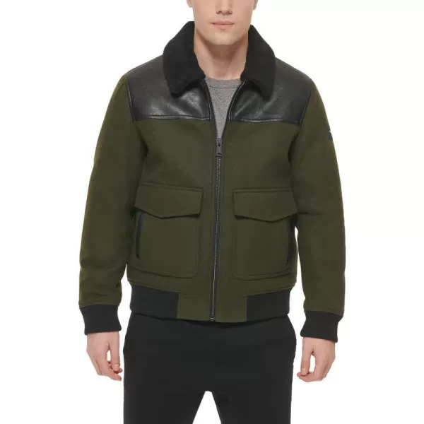 Tommy Hilfiger Mens Mixed Media Wool Blend Sherpa Collar Bomber Olive LargeTommy Hilfiger Mens Mixed Media Wool Blend Sherpa Collar Bomber Olive Large