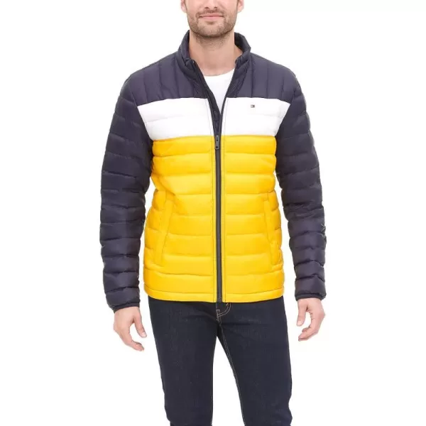 Tommy Hilfiger Mens Packable Down Puffer JacketStandard YellowNavy Color Block