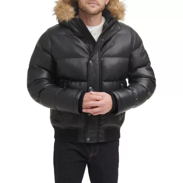 Tommy Hilfiger Mens Quilted Arctic Cloth Snorkel Bomber Jacket with Removable Hood Standard and Big amp TallBlack Faux Leather